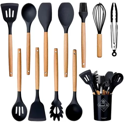 Kit 12 Peças De Cozinha Em Silicone E Cabo De Madeira Jogo De Utensílios Resistente ao Calor Antiaderente Premium